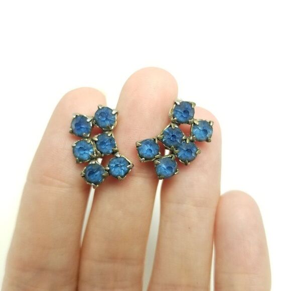 Vintage Blue Rhinestone Cluster Clip On Earrings, Screw Backs, Retro Estate - Picture 1 of 6